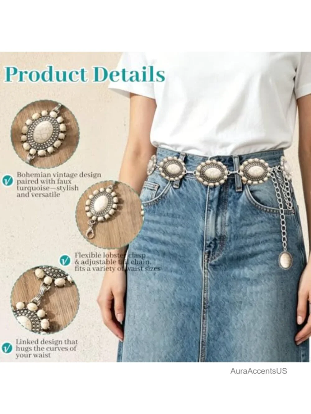 Western Turquoise Concho Chain Waist Belt for Dresses Jeans